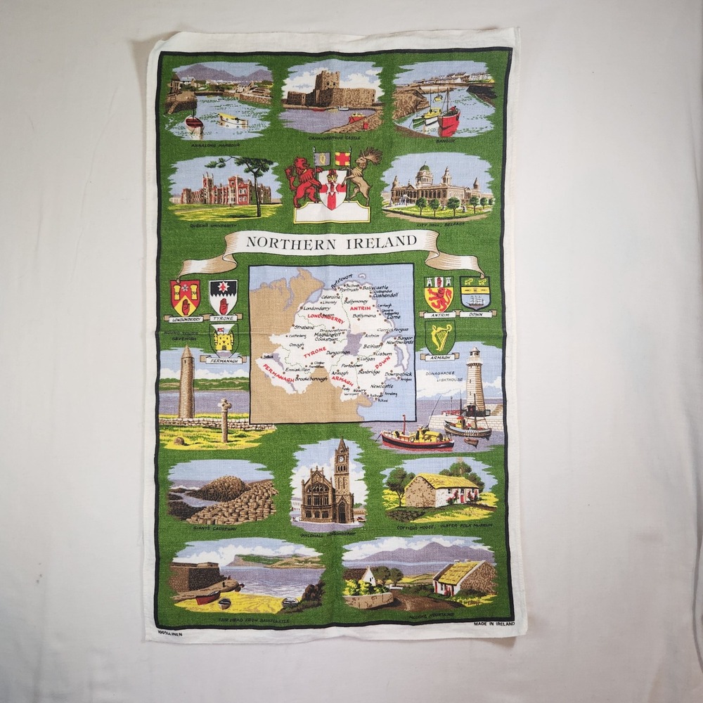 Vintage Northern Ireland Linen Tea Towel Souvenir Map Landmarks Made in Ireland